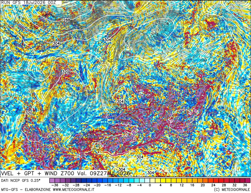 mappa 700 hPa Velocità verticiali + GPT + Vento