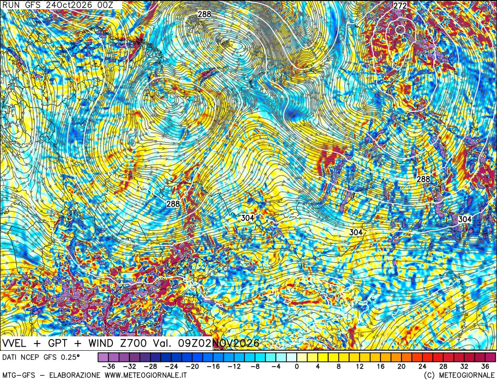 mappa 700 hPa Velocità verticiali + GPT + Vento