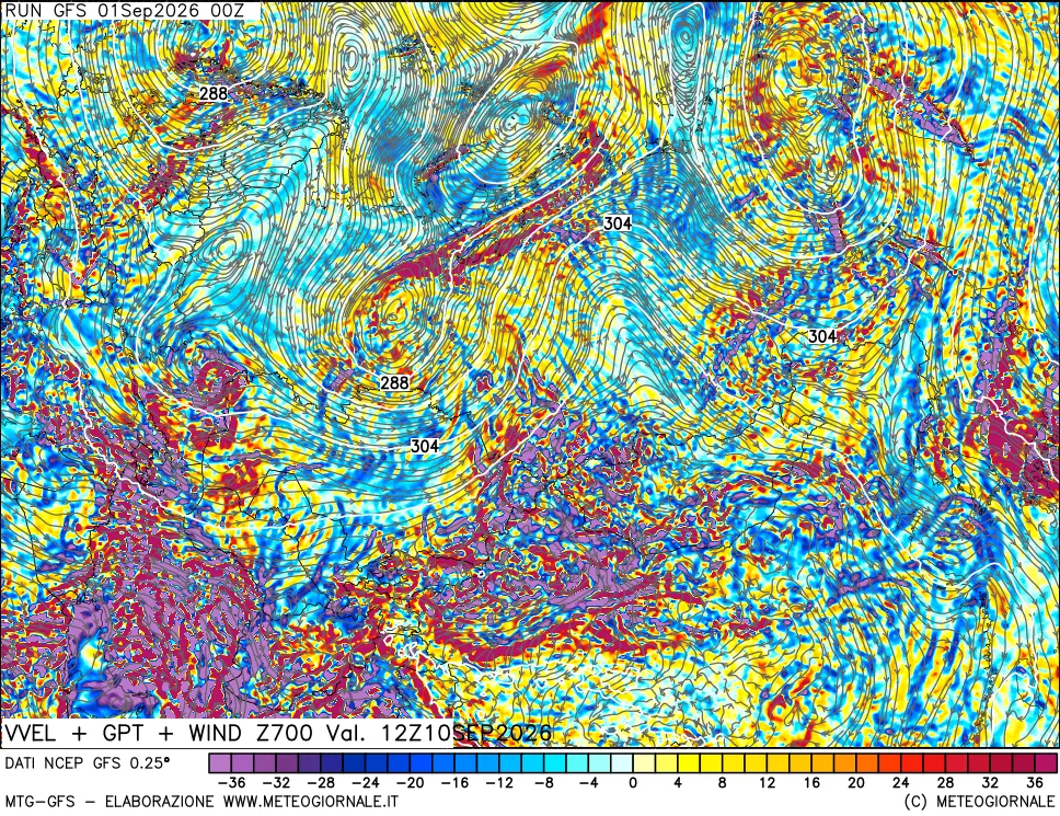 mappa 700 hPa Velocità verticiali + GPT + Vento