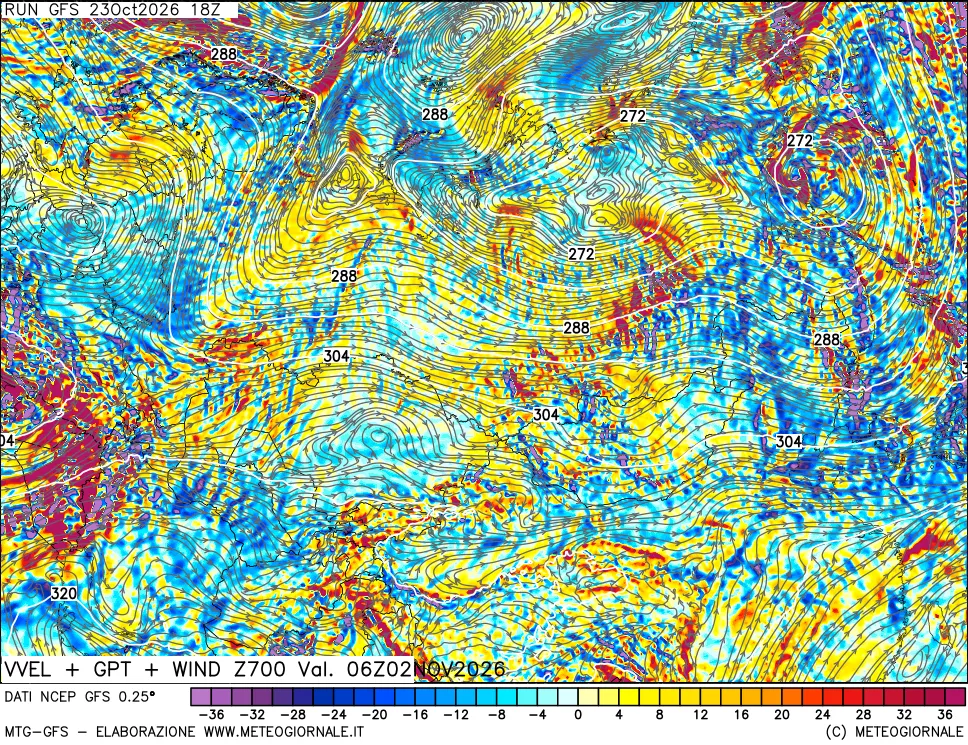 mappa 700 hPa Velocità verticiali + GPT + Vento