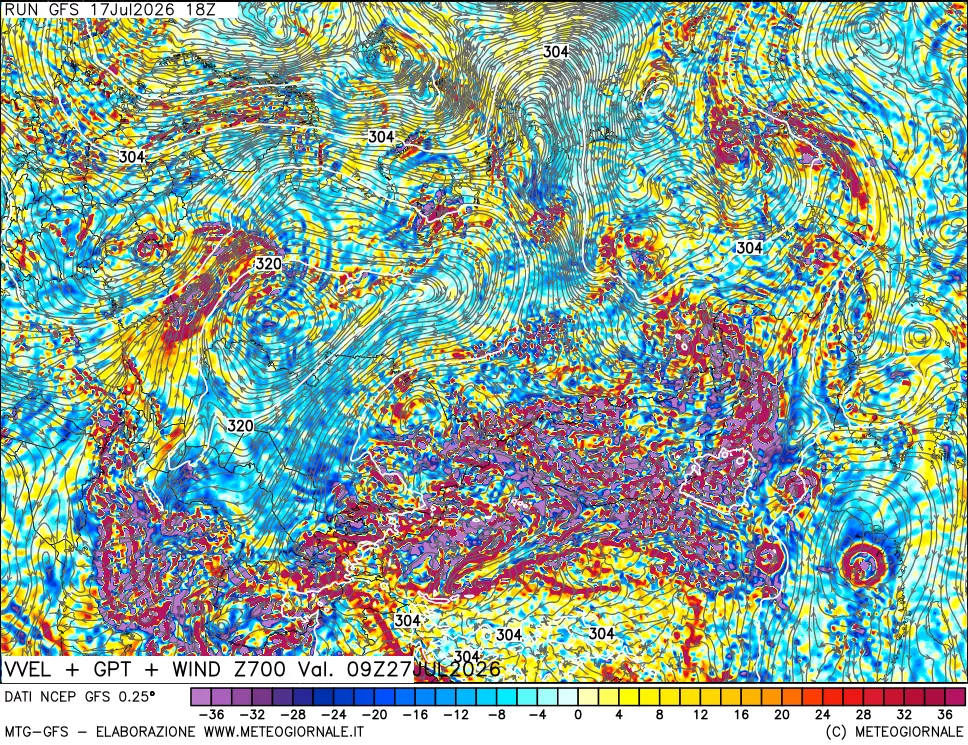 mappa 700 hPa Velocità verticiali + GPT + Vento