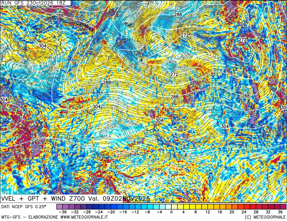 mappa 700 hPa Velocità verticiali + GPT + Vento