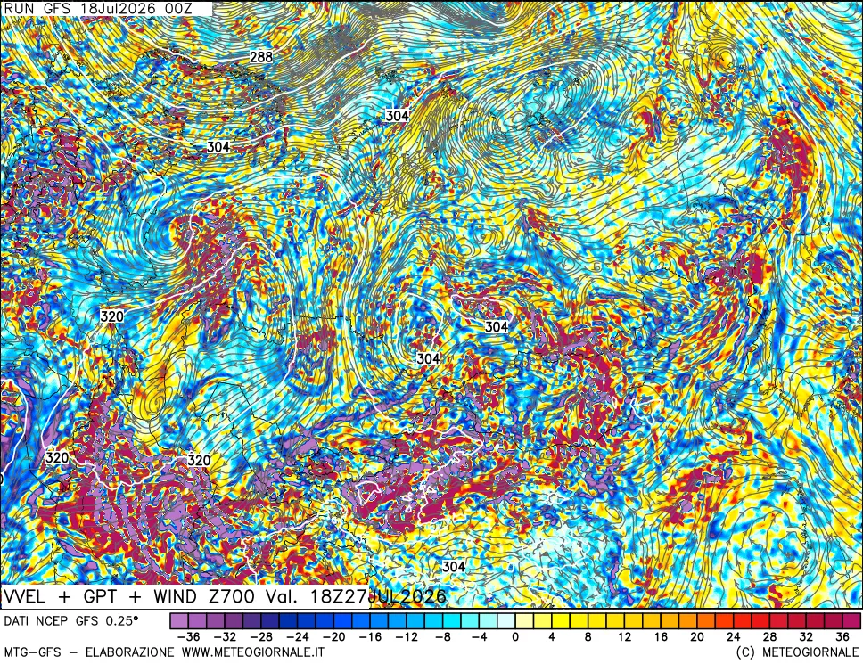 mappa 700 hPa Velocità verticiali + GPT + Vento