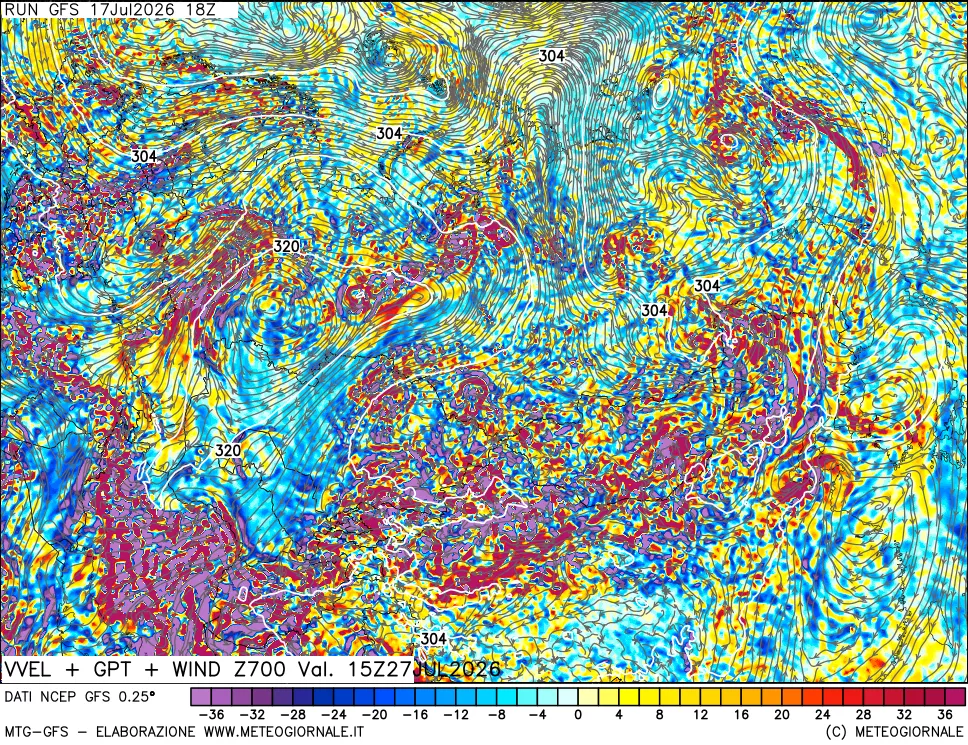 mappa 700 hPa Velocità verticiali + GPT + Vento