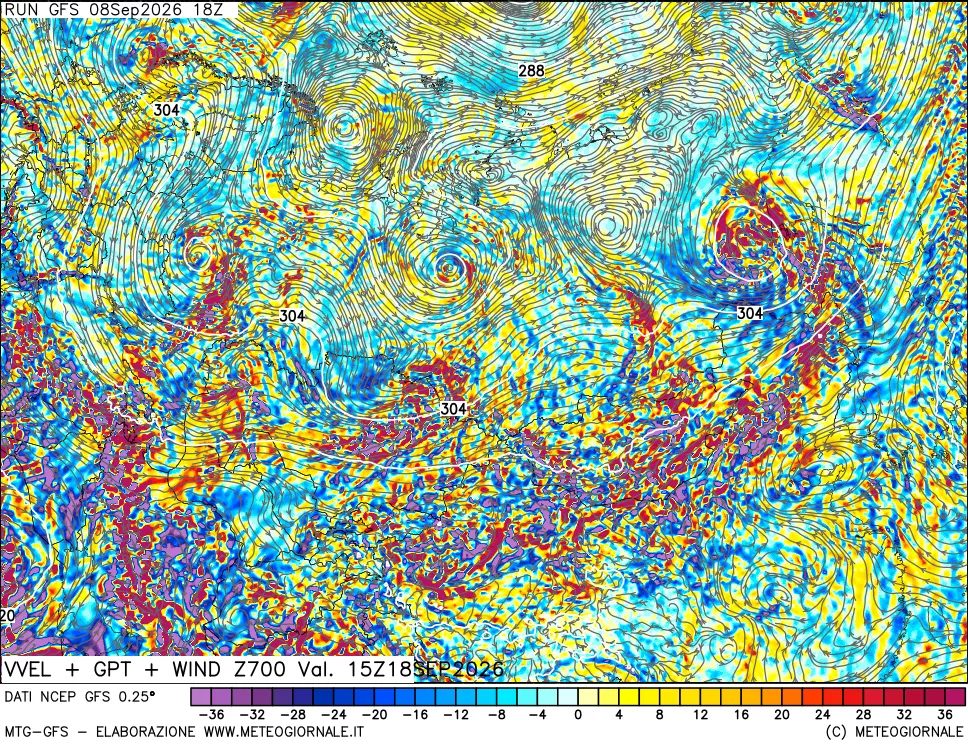 mappa 700 hPa Velocità verticiali + GPT + Vento