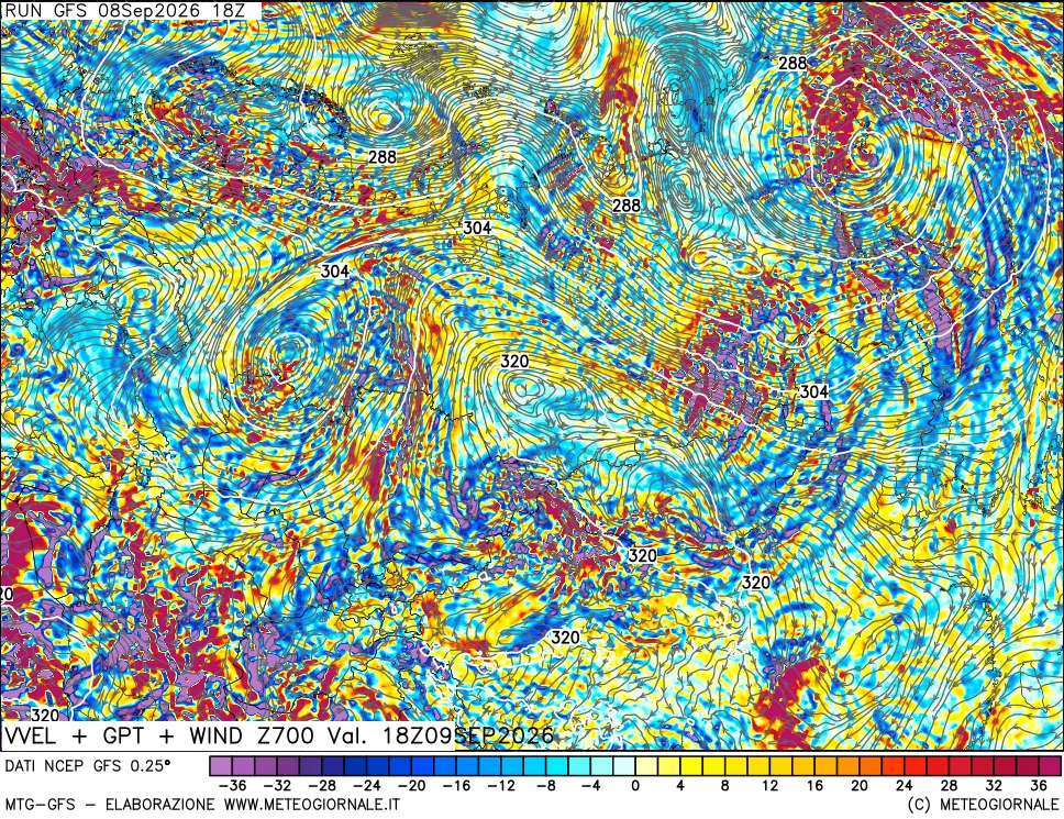 mappa 700 hPa Velocità verticiali + GPT + Vento