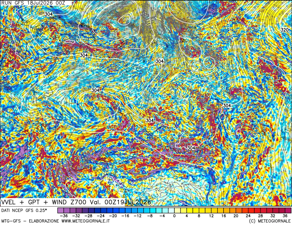 mappa 700 hPa Velocità verticiali + GPT + Vento