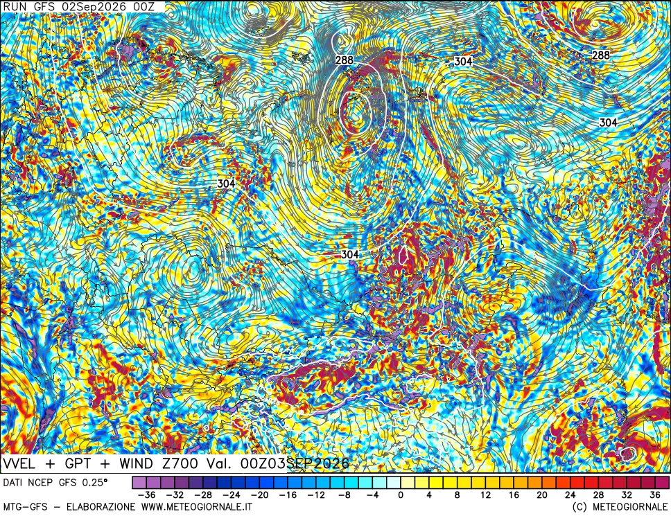 mappa 700 hPa Velocità verticiali + GPT + Vento