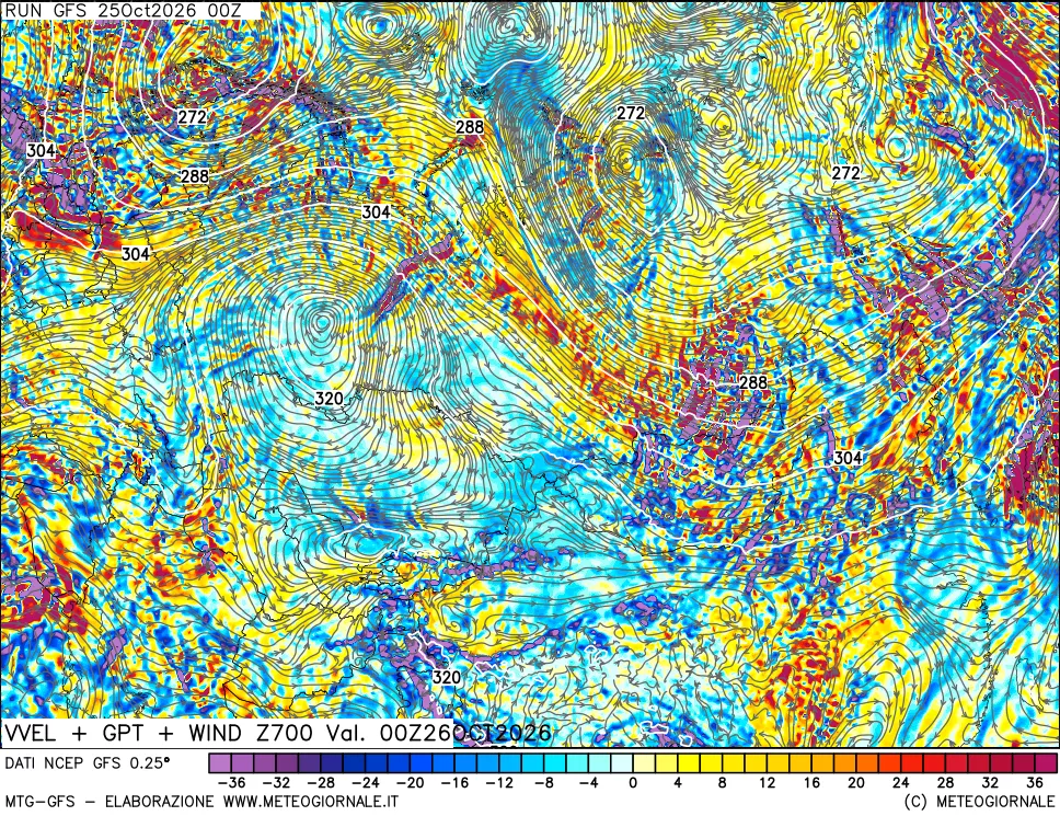 mappa 700 hPa Velocità verticiali + GPT + Vento