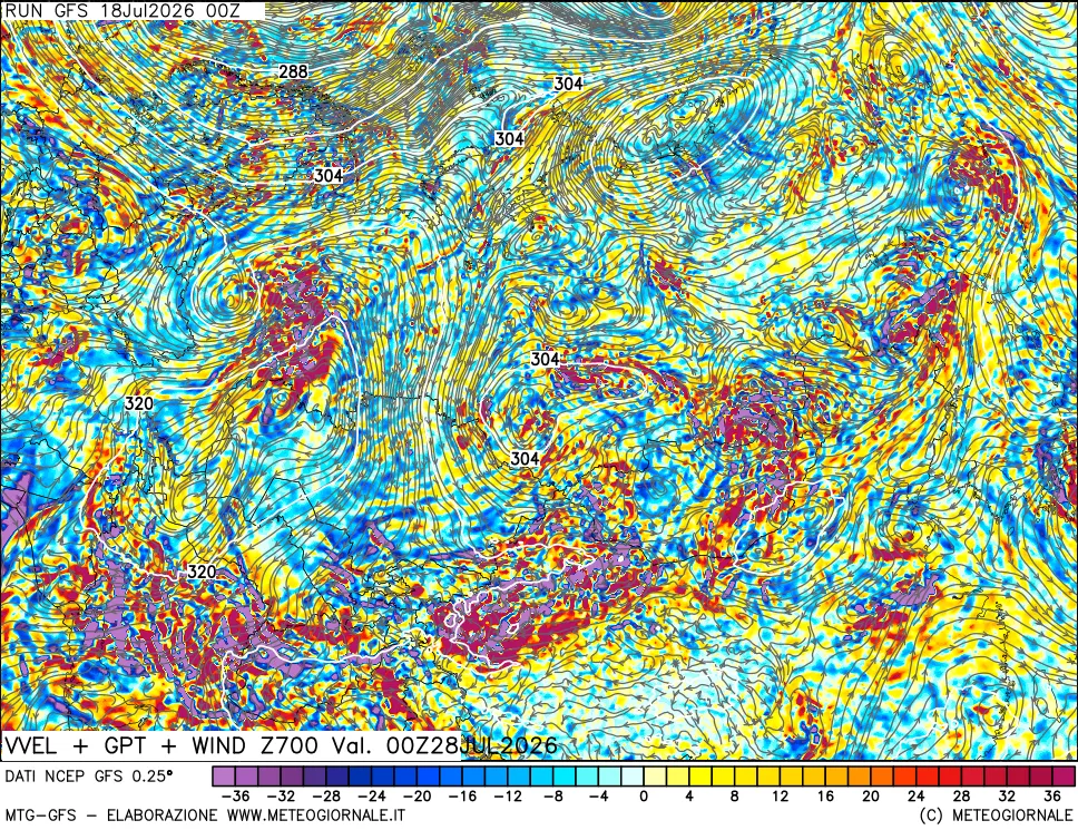 mappa 700 hPa Velocità verticiali + GPT + Vento