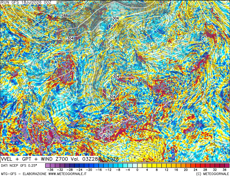 mappa 700 hPa Velocità verticiali + GPT + Vento