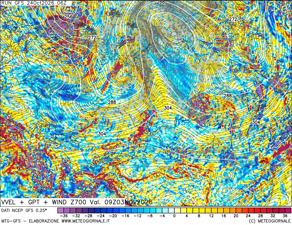 mappa 700 hPa Velocità verticiali + GPT + Vento