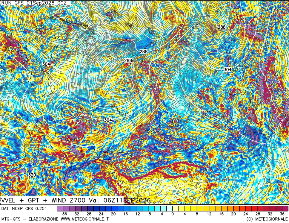 mappa 700 hPa Velocità verticiali + GPT + Vento
