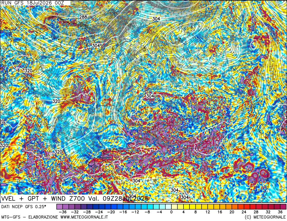mappa 700 hPa Velocità verticiali + GPT + Vento
