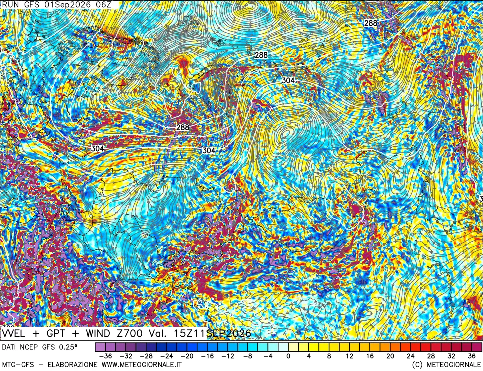 mappa 700 hPa Velocità verticiali + GPT + Vento