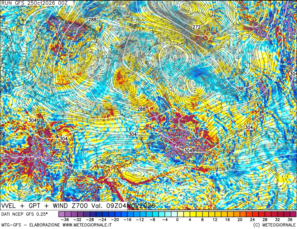 mappa 700 hPa Velocità verticiali + GPT + Vento