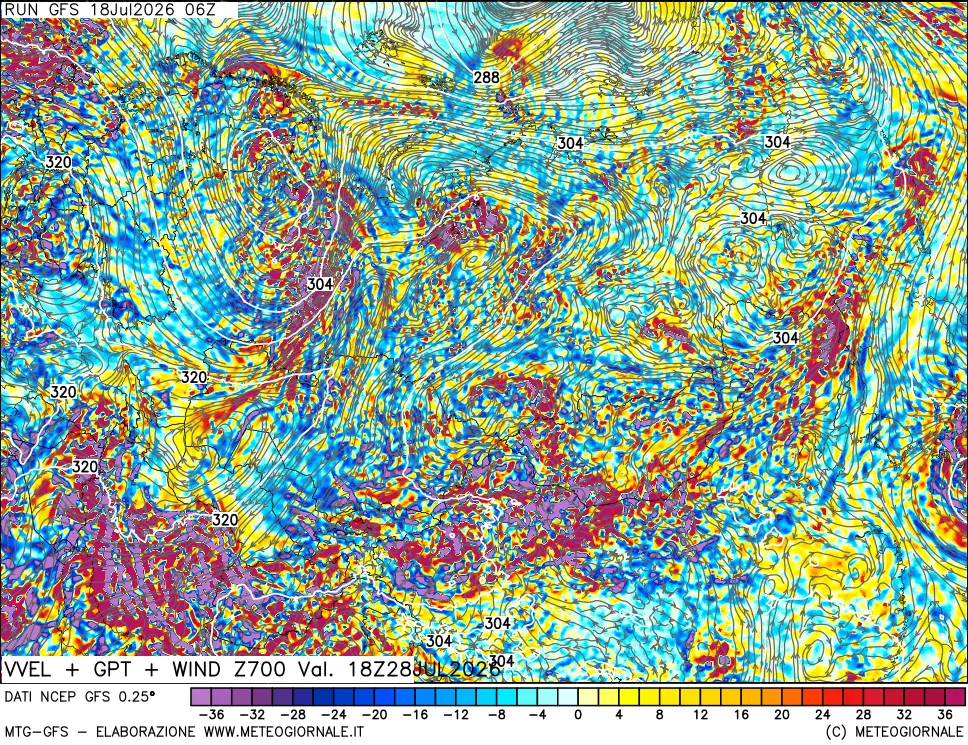mappa 700 hPa Velocità verticiali + GPT + Vento
