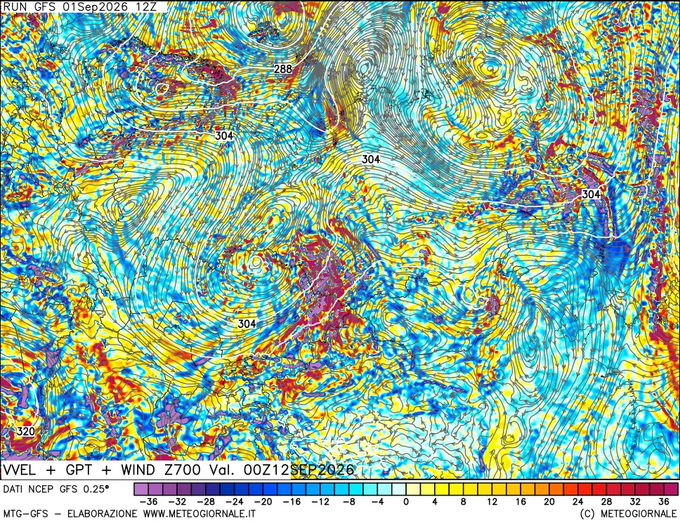 mappa 700 hPa Velocità verticiali + GPT + Vento