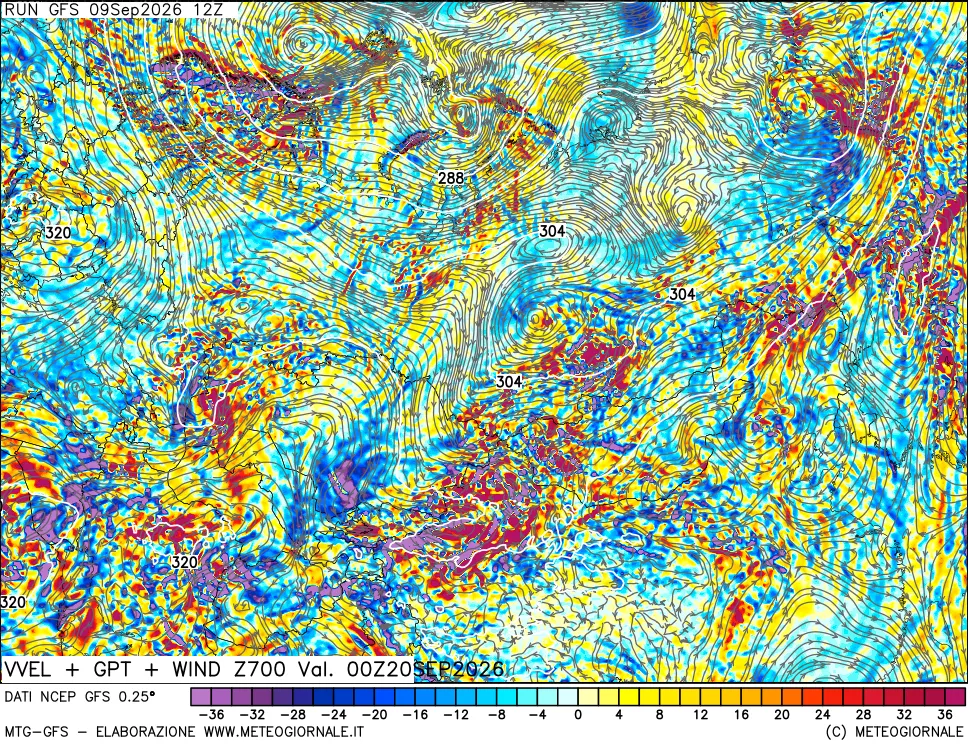 mappa 700 hPa Velocità verticiali + GPT + Vento