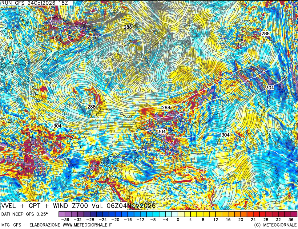 mappa 700 hPa Velocità verticiali + GPT + Vento
