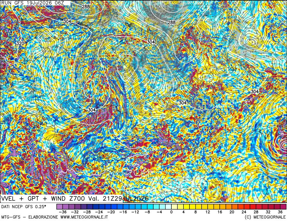 mappa 700 hPa Velocità verticiali + GPT + Vento