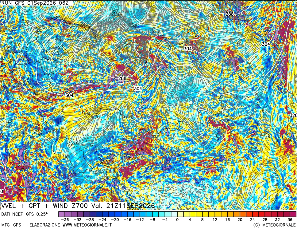 mappa 700 hPa Velocità verticiali + GPT + Vento