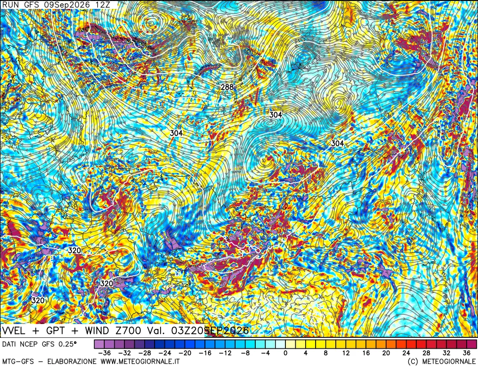 mappa 700 hPa Velocità verticiali + GPT + Vento