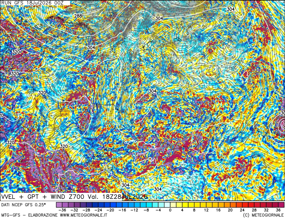 mappa 700 hPa Velocità verticiali + GPT + Vento