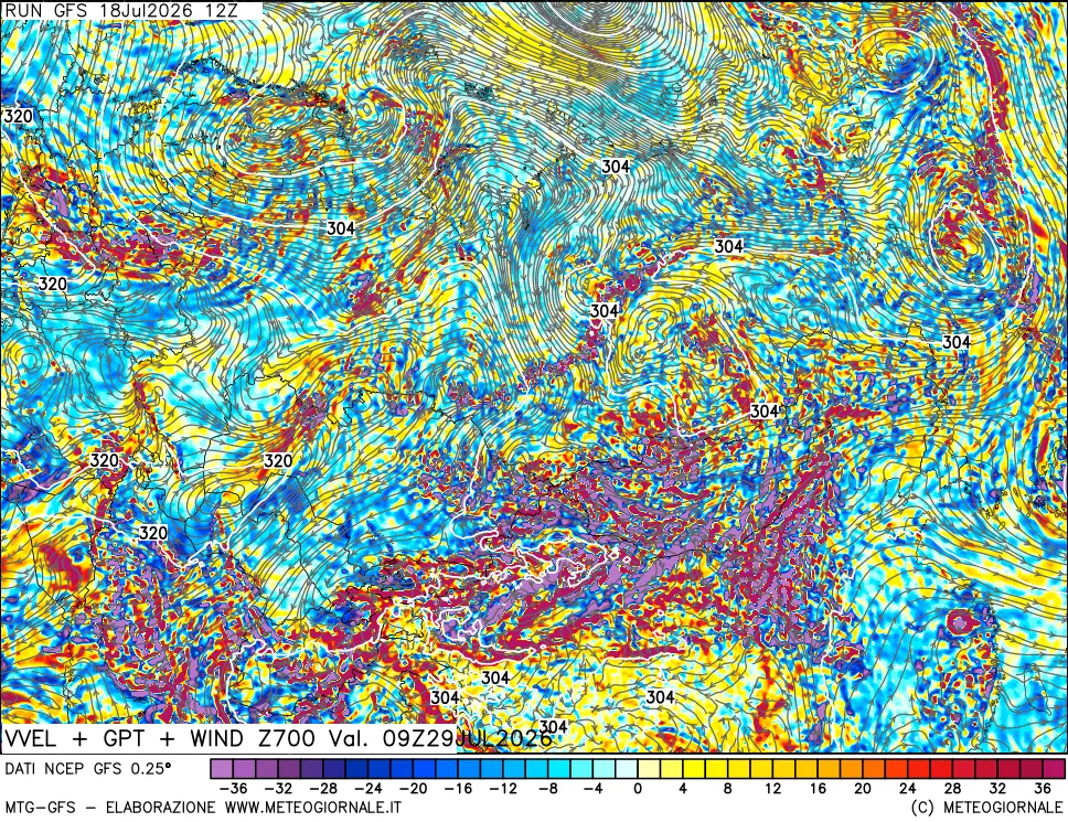 mappa 700 hPa Velocità verticiali + GPT + Vento