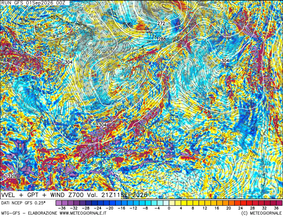 mappa 700 hPa Velocità verticiali + GPT + Vento