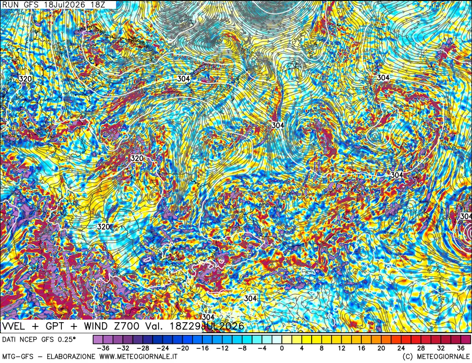 mappa 700 hPa Velocità verticiali + GPT + Vento