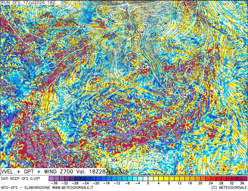 mappa 700 hPa Velocità verticiali + GPT + Vento
