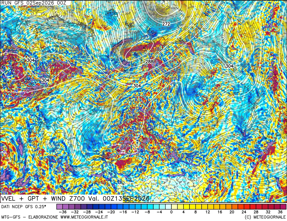 mappa 700 hPa Velocità verticiali + GPT + Vento