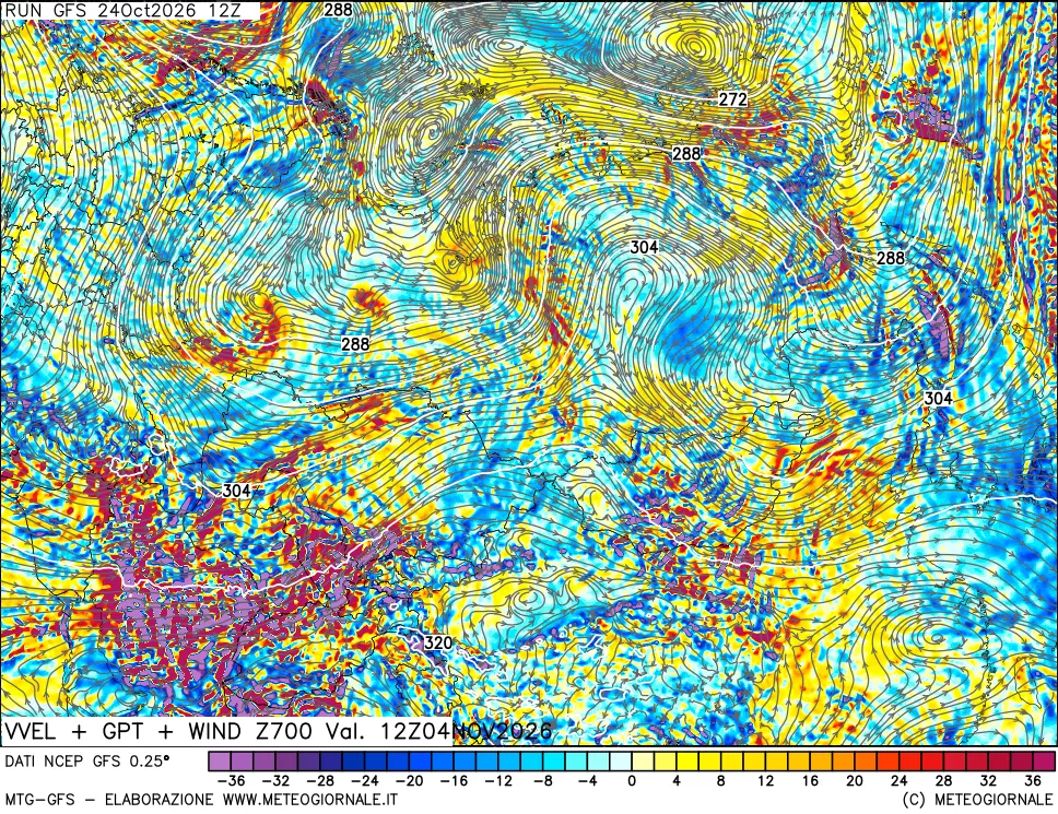 mappa 700 hPa Velocità verticiali + GPT + Vento