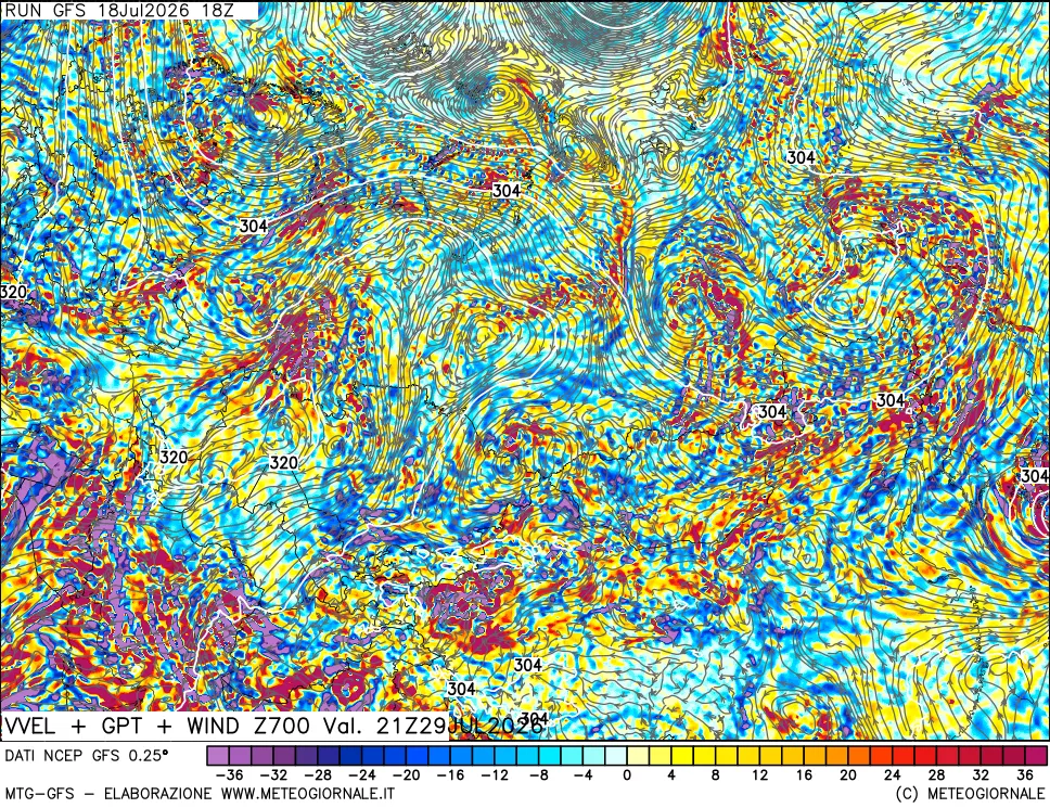 mappa 700 hPa Velocità verticiali + GPT + Vento