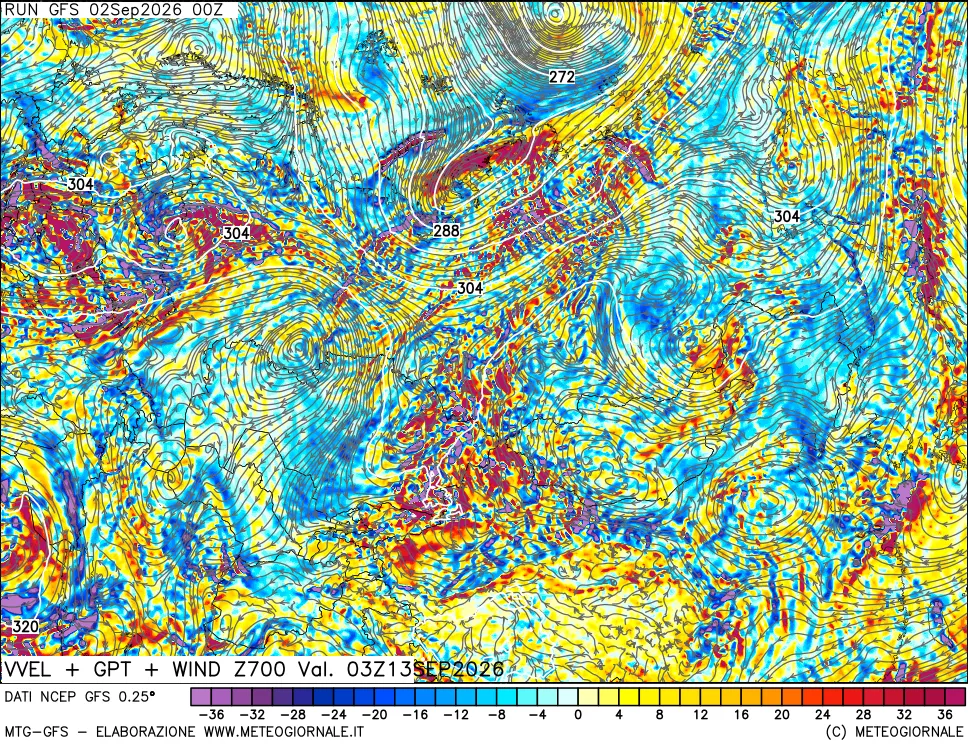 mappa 700 hPa Velocità verticiali + GPT + Vento