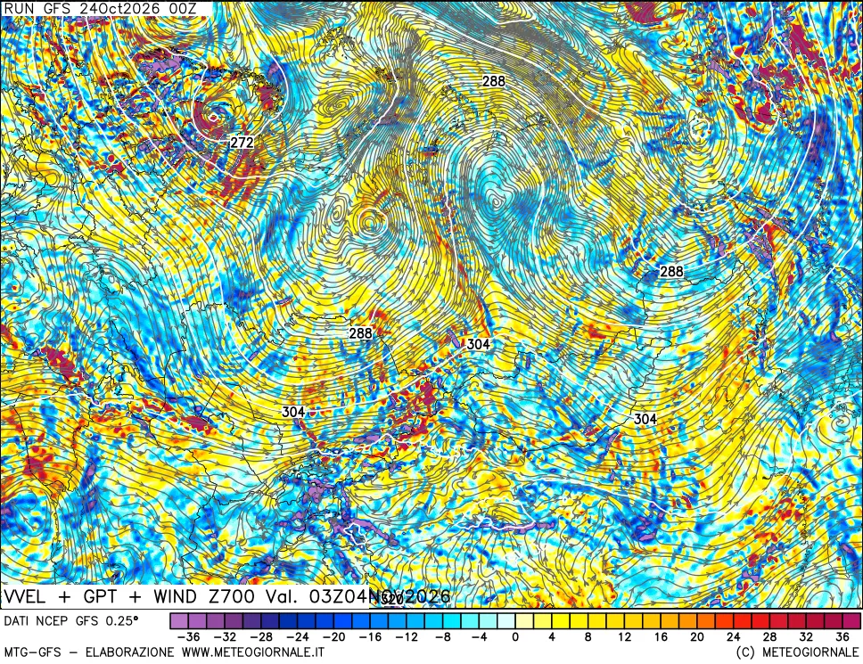 mappa 700 hPa Velocità verticiali + GPT + Vento