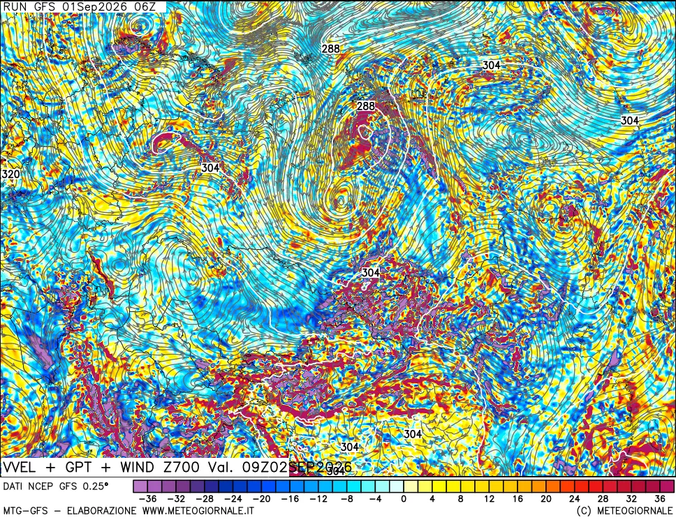 mappa 700 hPa Velocità verticiali + GPT + Vento