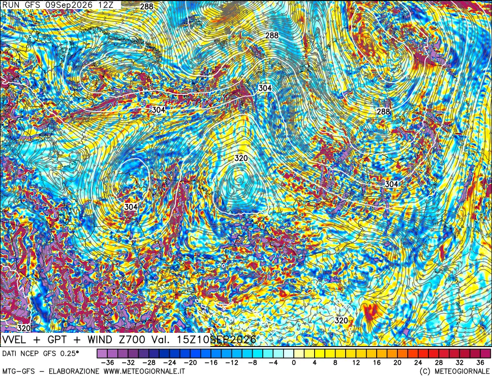 mappa 700 hPa Velocità verticiali + GPT + Vento