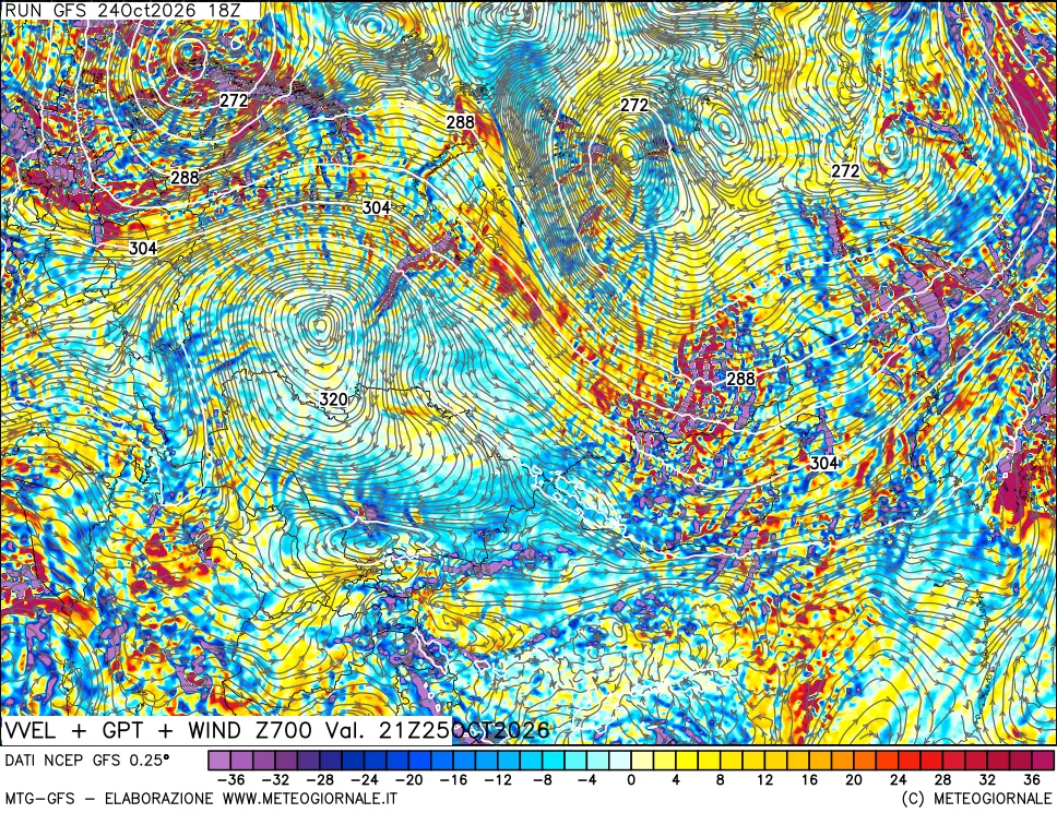 mappa 700 hPa Velocità verticiali + GPT + Vento