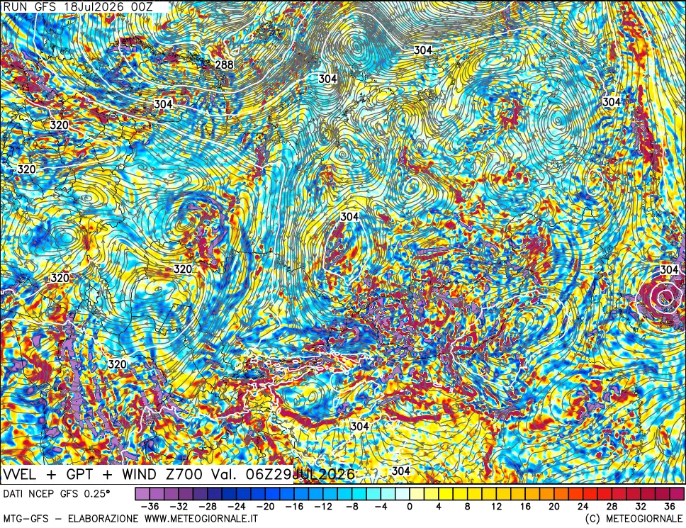mappa 700 hPa Velocità verticiali + GPT + Vento