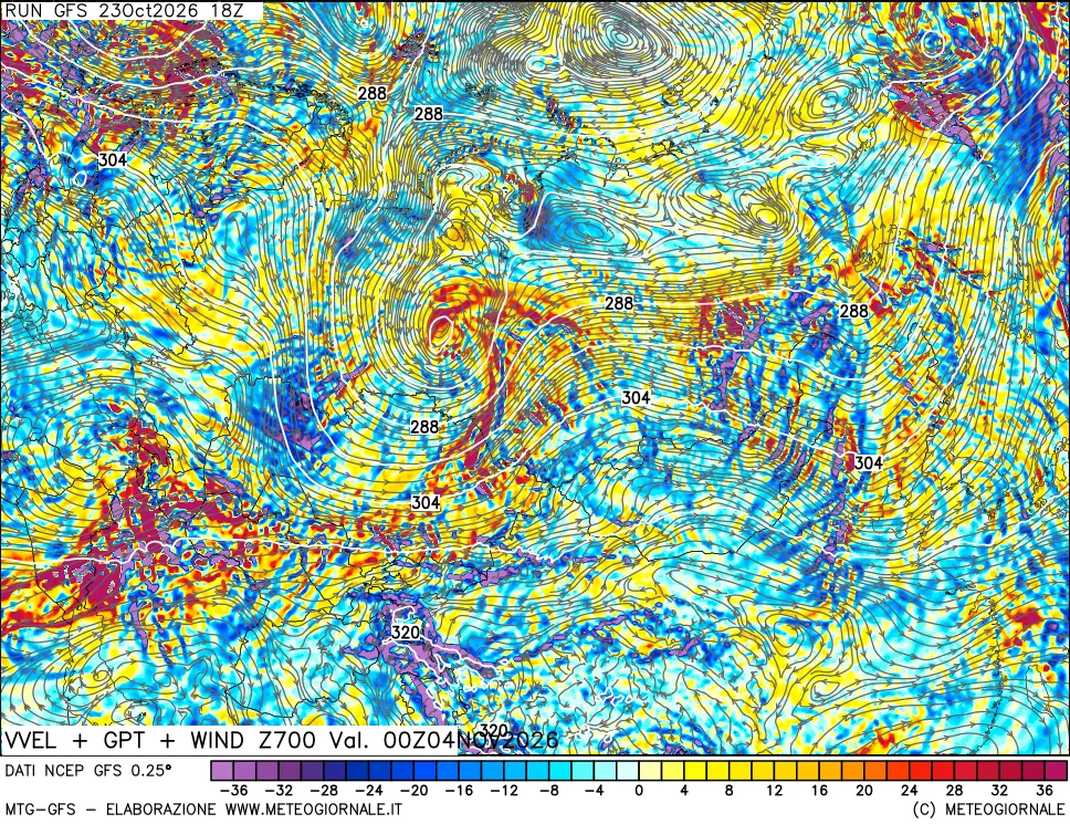 mappa 700 hPa Velocità verticiali + GPT + Vento