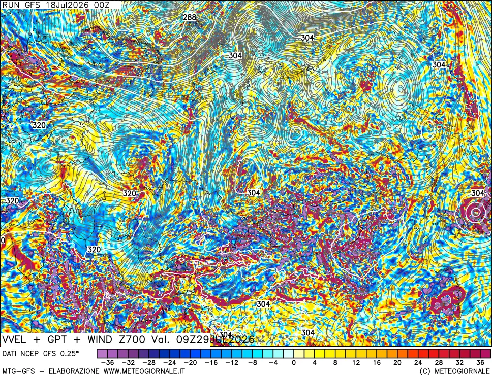 mappa 700 hPa Velocità verticiali + GPT + Vento