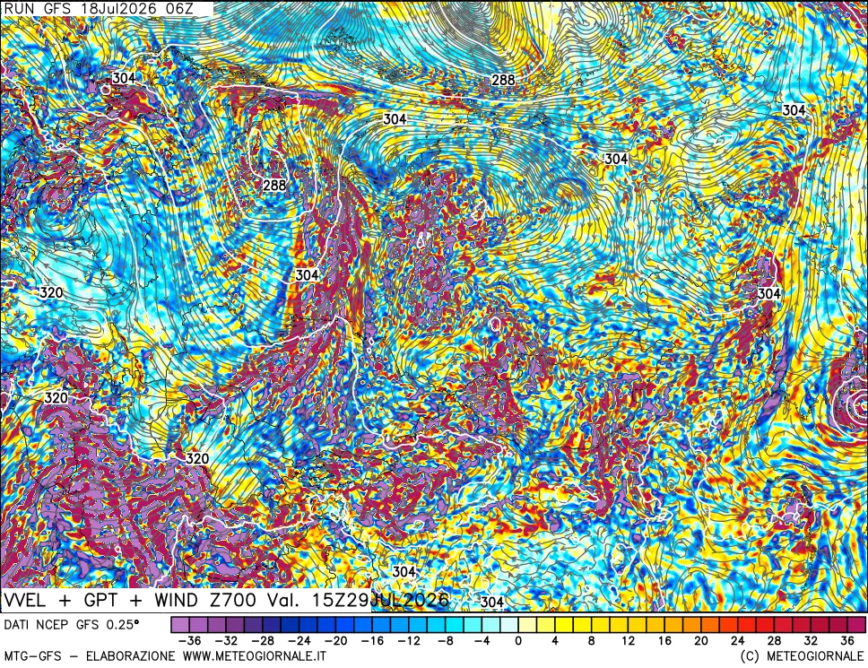 mappa 700 hPa Velocità verticiali + GPT + Vento