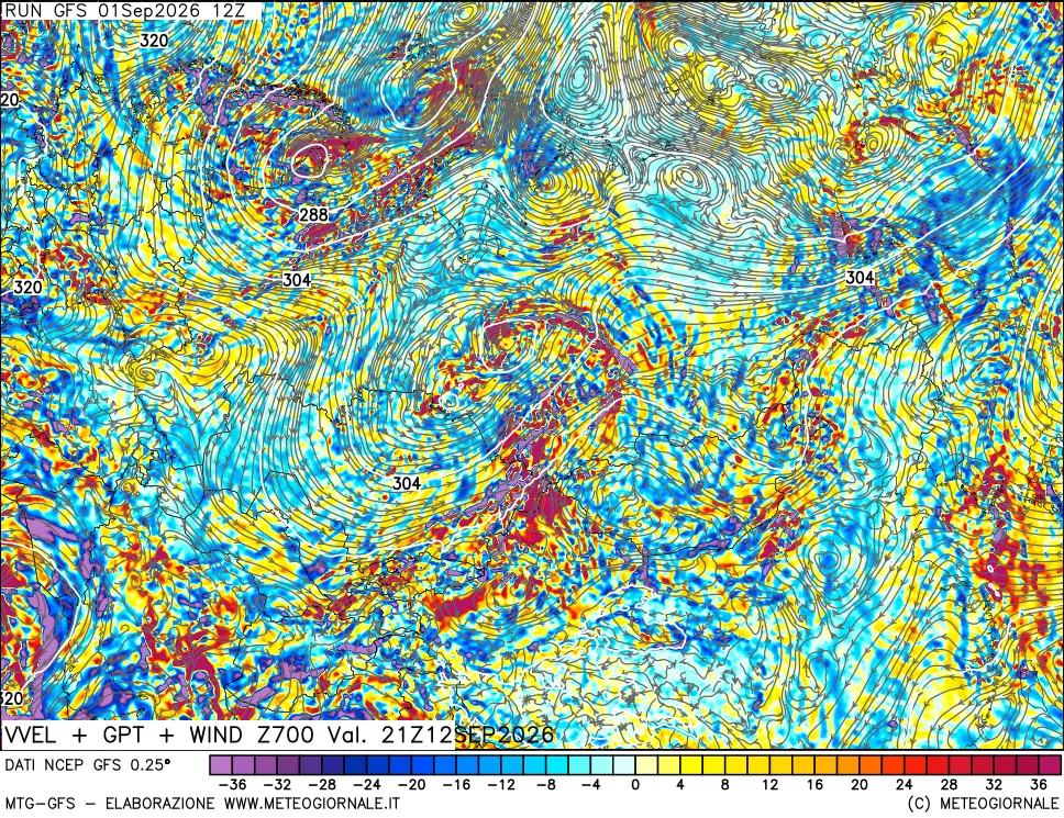 mappa 700 hPa Velocità verticiali + GPT + Vento