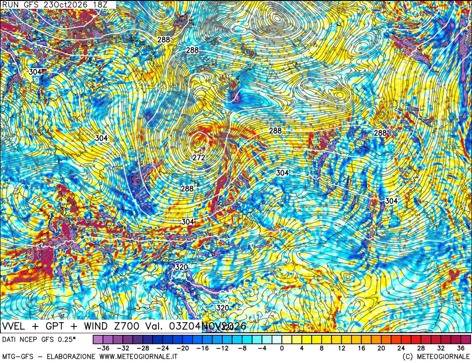 mappa 700 hPa Velocità verticiali + GPT + Vento