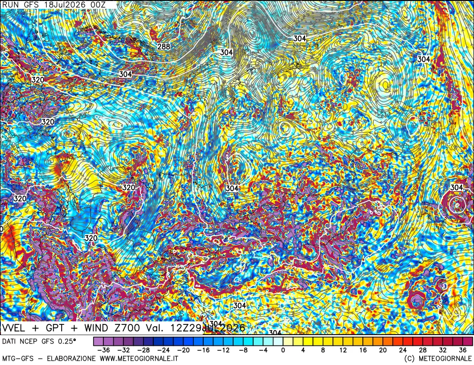 mappa 700 hPa Velocità verticiali + GPT + Vento