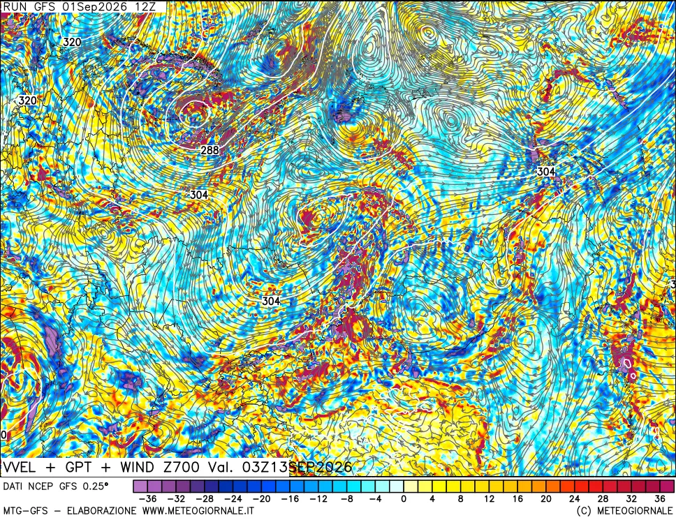 mappa 700 hPa Velocità verticiali + GPT + Vento