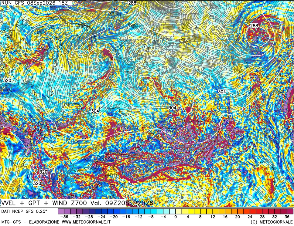 mappa 700 hPa Velocità verticiali + GPT + Vento