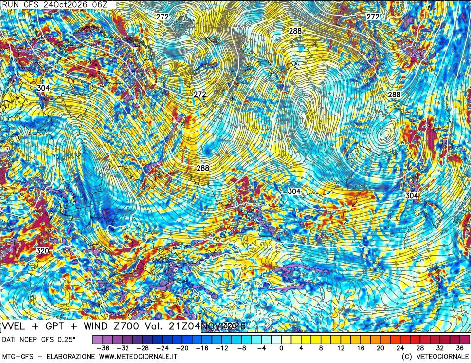 mappa 700 hPa Velocità verticiali + GPT + Vento